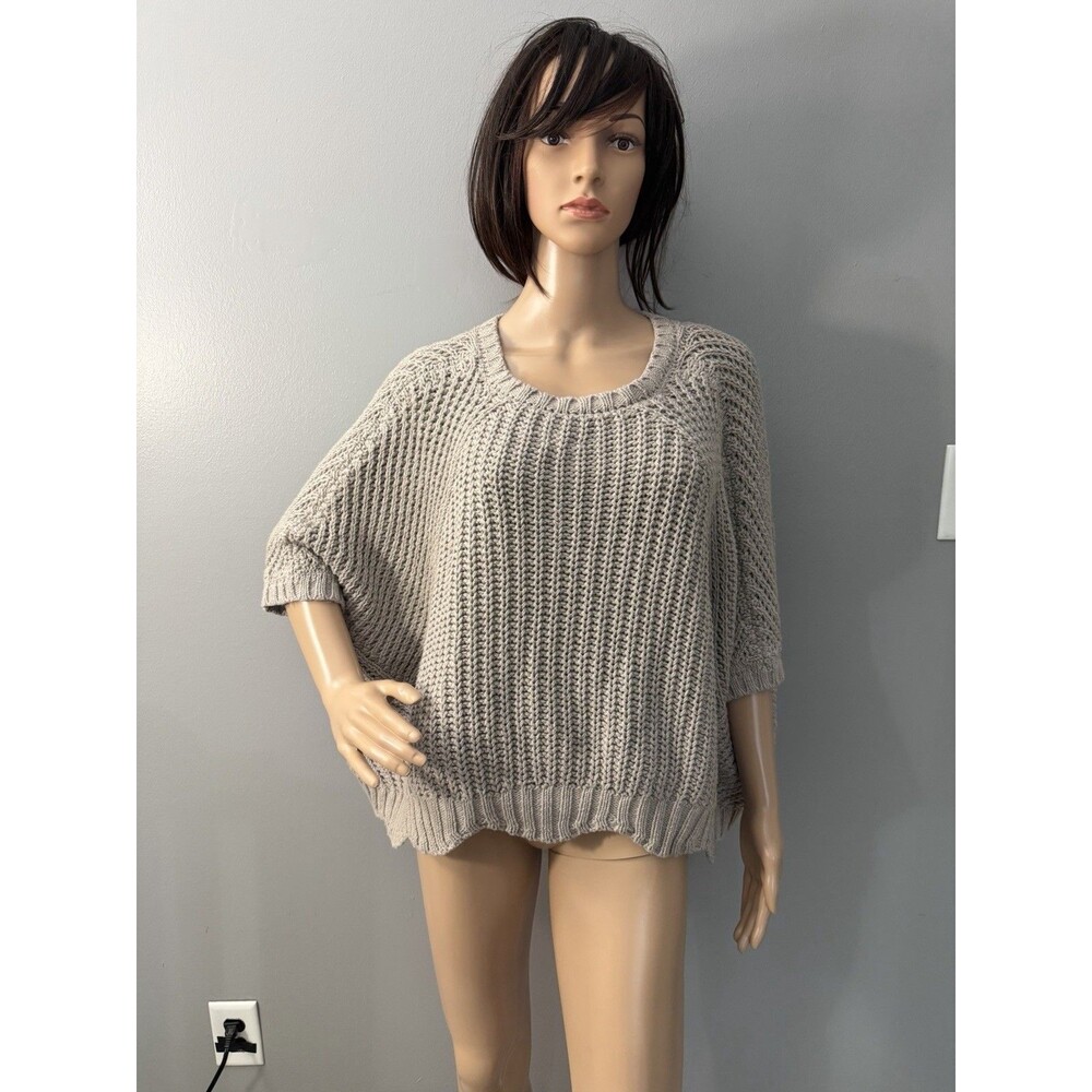 Planet By Lauren G Crochet Ribbed Cropped Knit Top Pullover Gray Sweater OSFA